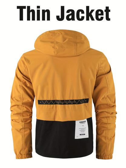 Men's Fashion New Jacket Men's Spring Autumn Thin Casual Multi-Pocket Outdoor Windbreaker Stitching Color Jacket Jacket Men's Removable Hat Windproof Outdoor Jacket Male