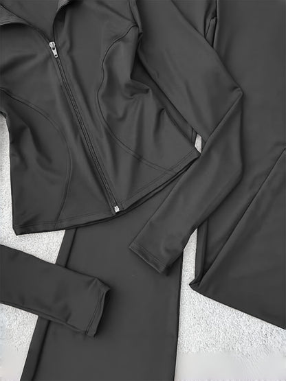 Zippered Long-sleeved Top with Flared Pants Set - Fashionable And Elegant Women's Outfit for Daily Casual Wear, And S. Available In Black, Gray And Beige Colors. Women's Tight Casual Outdoor Attire.