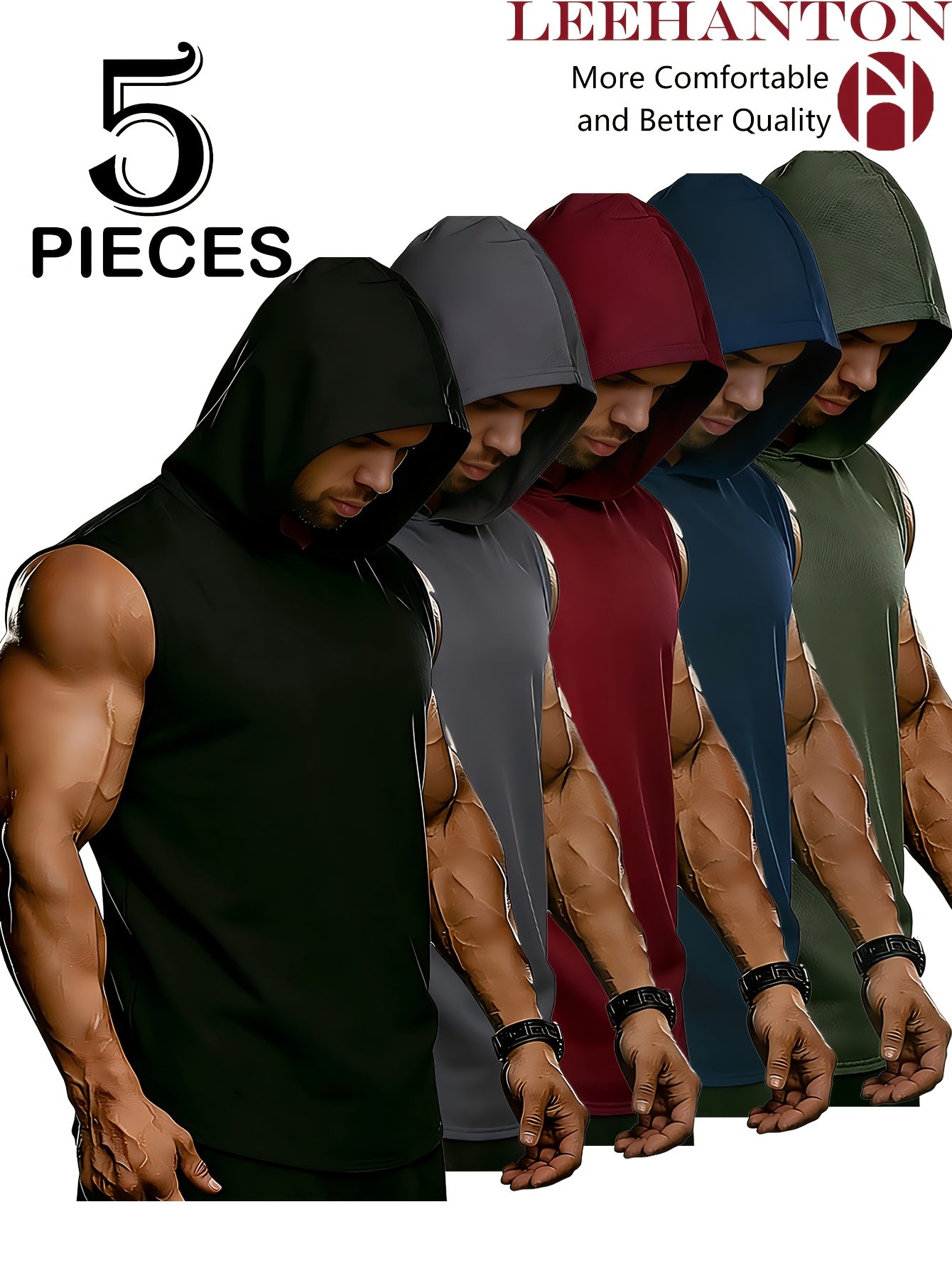 Men's BLK+GREY+WINE+NAVY+BLUE Polyester Sleeveless Outfit Set - product view 26
