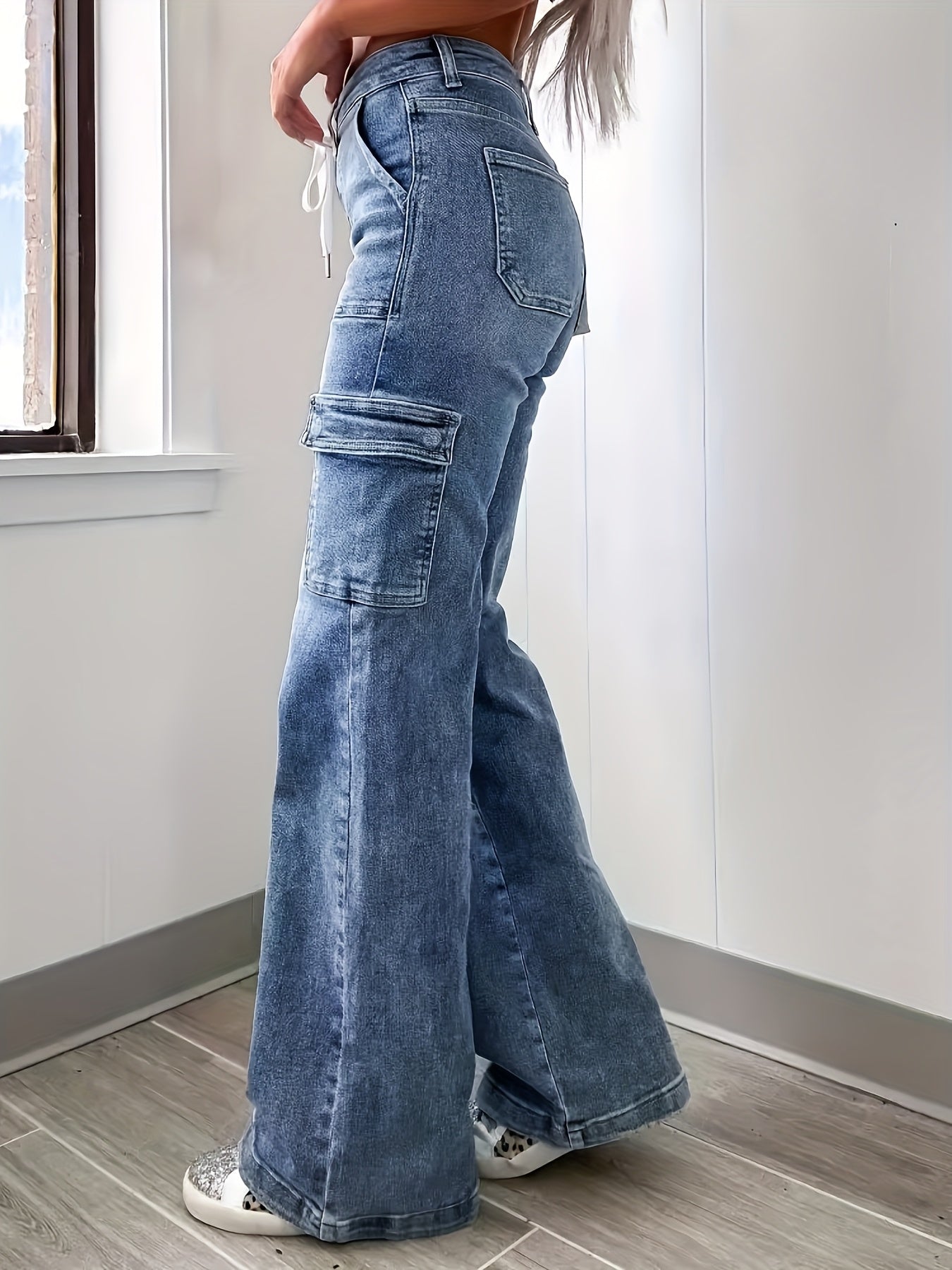 Women's Casual Fashion Denim Fabric Sweatpants Jeans - 2025 New Style Straight-leg with Laces and Multiple Pockets, Fit Womenswear