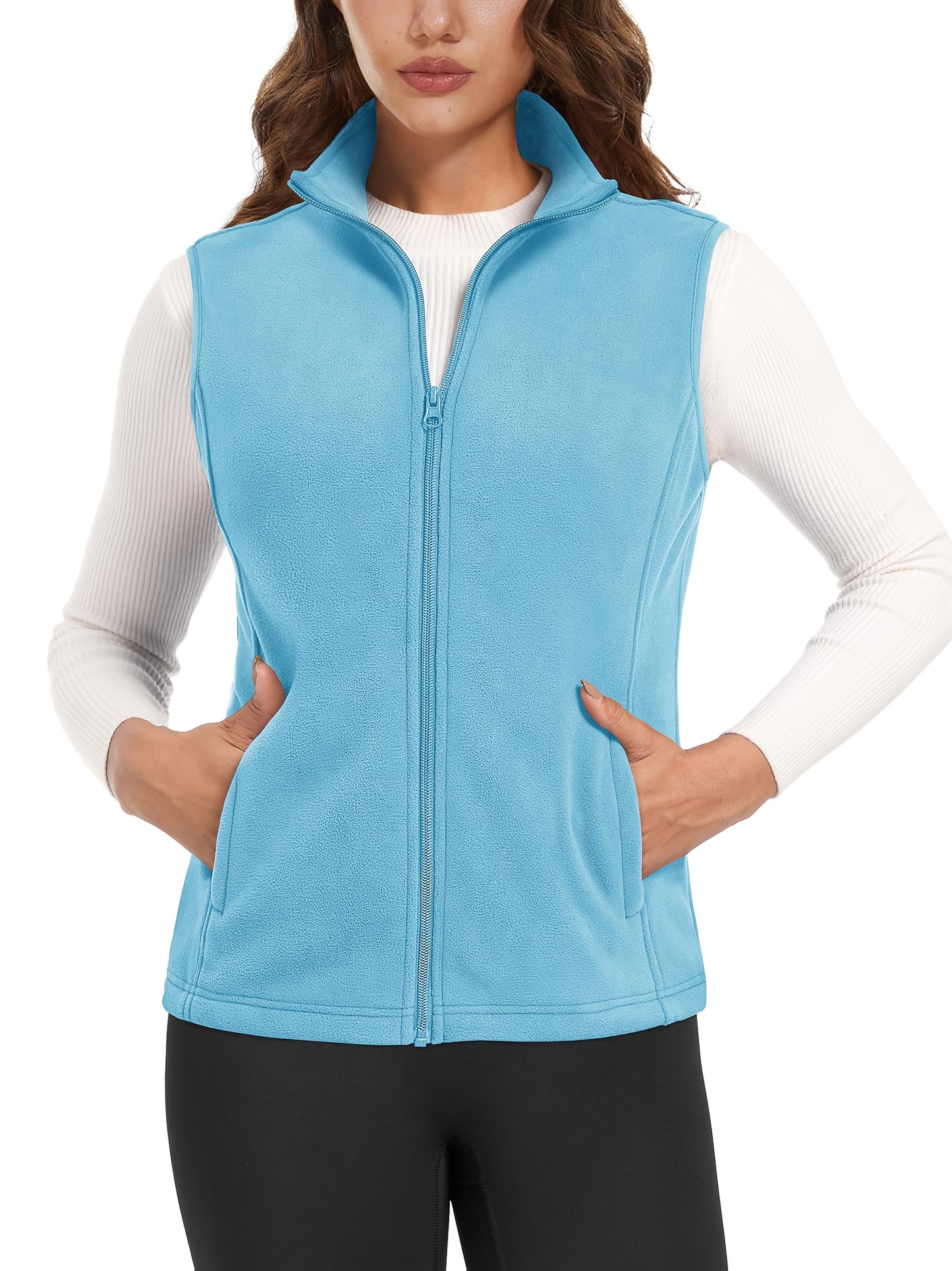 Women'S Fleece Zip Vest Lightweight Warm Sleeveless Jacket Stand Up Collar Windproof Soft Outerwear Vest with 4 Pockets Elastic Armholes for Camping Riding Office Outdoor Party Spring Fall Winter