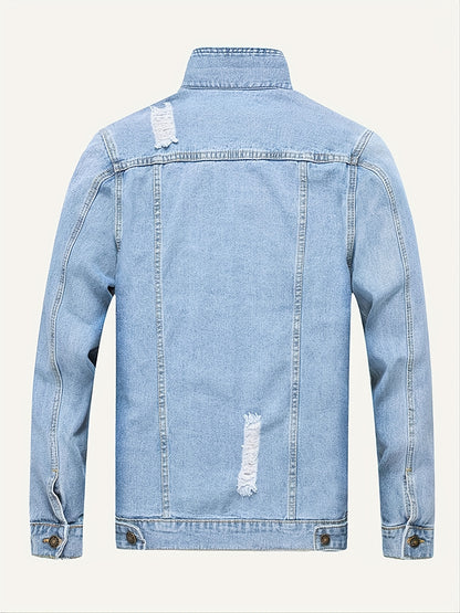 Chic Ripped Denim Jacket, Men's Casual Multi Pocket Street Style Denim Jacket
