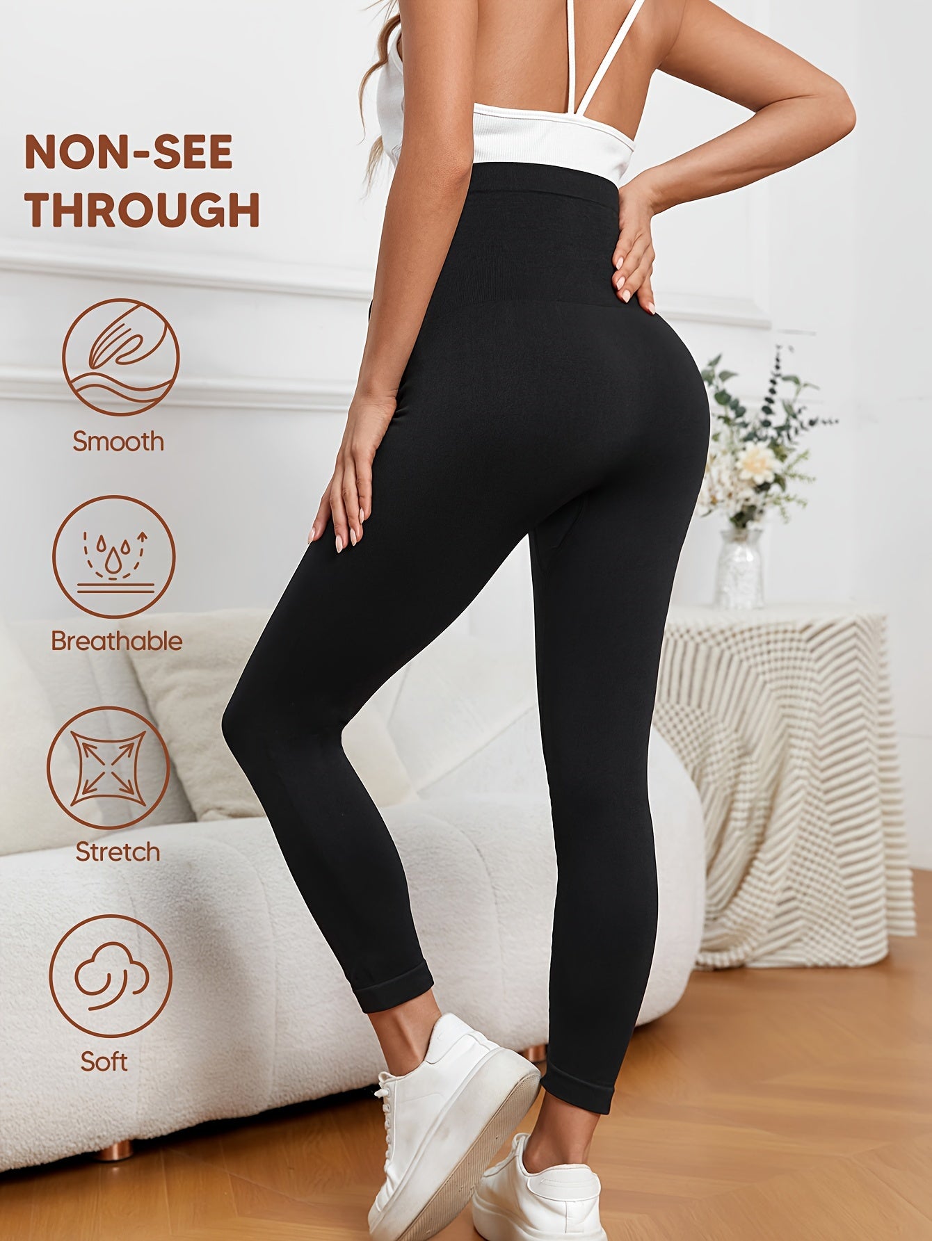High-Waisted Leggings for Women Designed to Control The Tummy, Made of 90% Polyamide And 10% Elastane, Featuring a Solid Color And Stretchy Fit, Suitable for Yoga, Crafted from All-Season Knit Fabric, Without a Zipper, Providing Belly Support