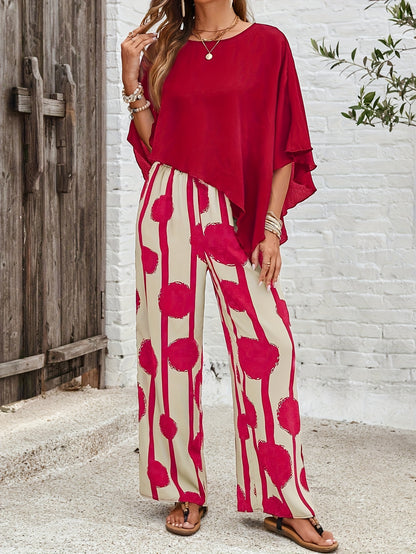 Women's Solid Crew Asymmetrical Hem Shirt And Full Body Print Pant Set