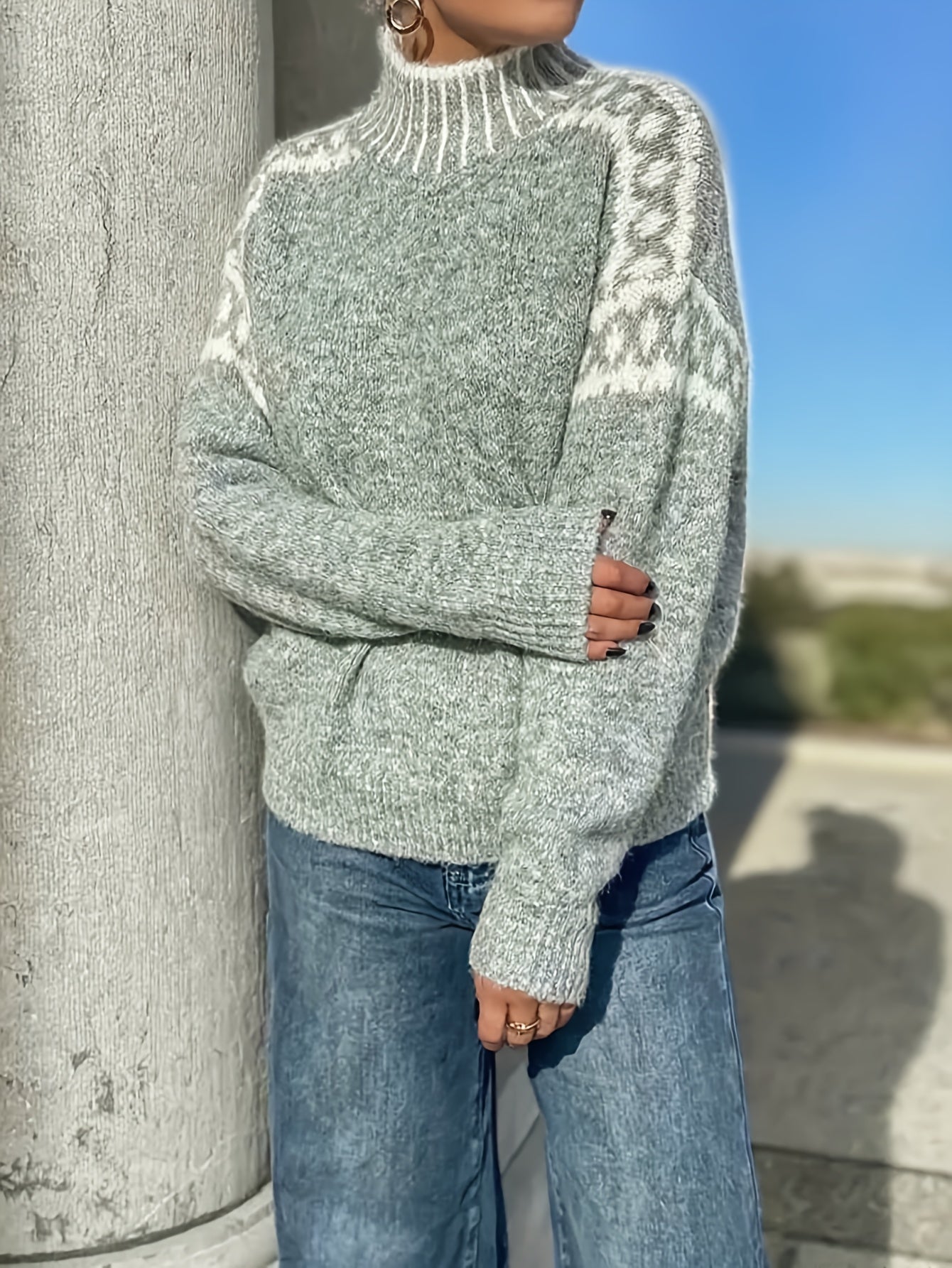Nordic Snowflake High Neck Sweater, Gray Embossed Knitwear · Lazy Style Loose Fitting Design for a Slender Look Winter Layering Versatile Piece Gentle Feel Warm Comfortable Soft Texture