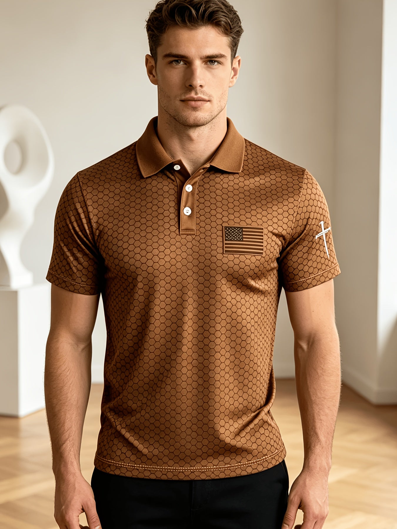 American Flag Gradient Cross Print Polo Shirt for Men's Casual Lapel Short Sleeved Patriotic Themed Commuting Top, American Flag Armband Contrasting Striped Short Sleeved Casual Business Lapel Top