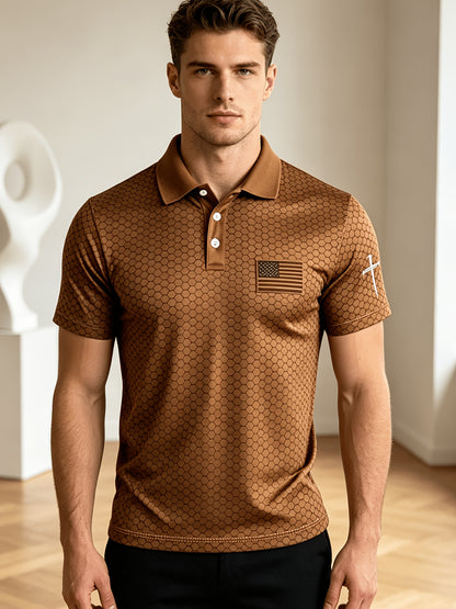 American Flag Gradient Cross Print Polo Shirt for Men's Casual Lapel Short Sleeved Patriotic Themed Commuting Top, American Flag Armband Contrasting Striped Short Sleeved Casual Business Lapel Top