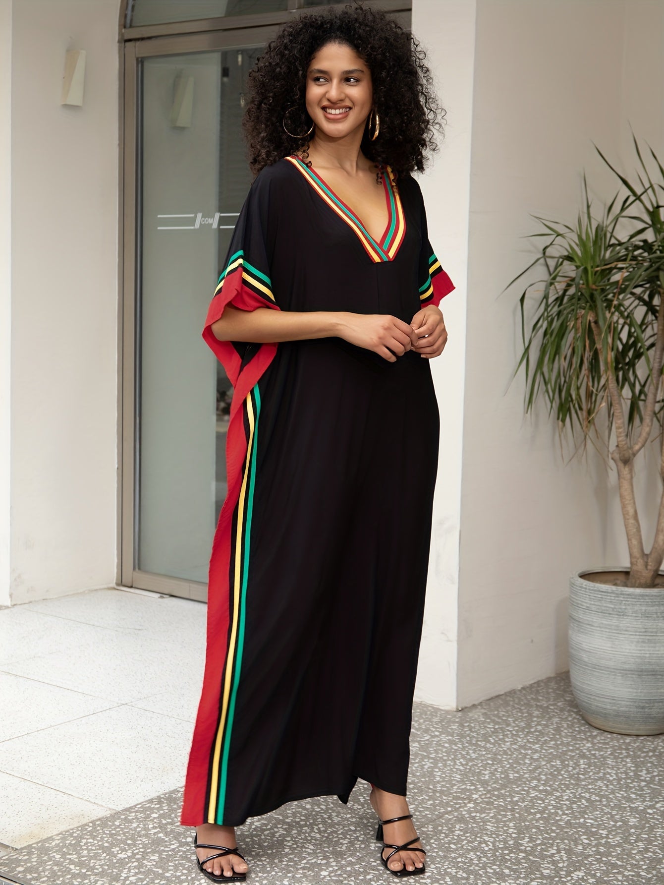 Women'S Casual Kaftan Dress, Plus Size Batwing Sleeve V Neck Maxi Dress