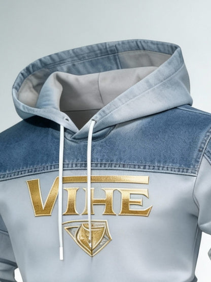 [VIHE Gradient Faux Denim Print Hooded Set] Men'S Hooded Sweatshirt And Jogger Pants, Faux Denim Print Gradient Texture Design, Golden VIHE Brand Logo Accent, Relaxed Fit for Daily Casual/Retro Style Wear, Faux Denim Print Texture Combines Comfort