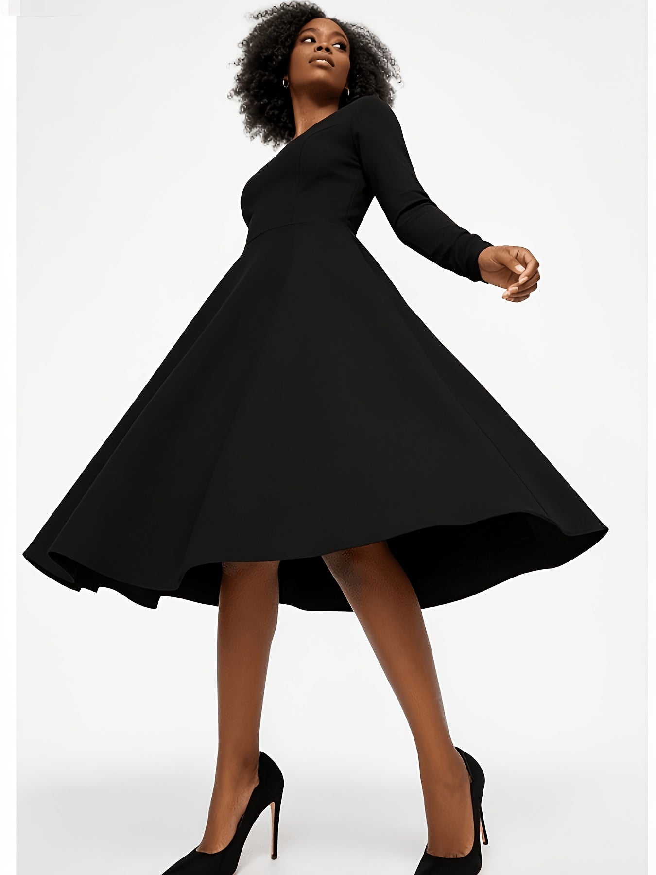 Plus Size - Plus Size Women'S Solid Color Round Neck Long Sleeve Back Pleated Flared Dress Autumn And Winter Elegant Long Dress
