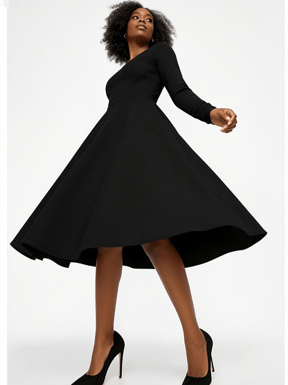 Plus Size - Plus Size Women'S Solid Color Round Neck Long Sleeve Back Pleated Flared Dress Autumn And Winter Elegant Long Dress