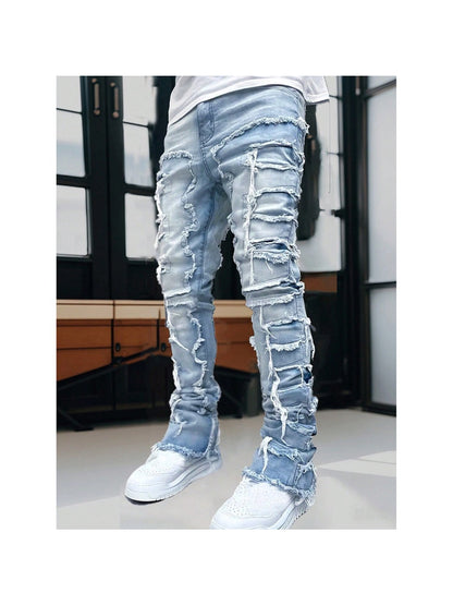 (Available In Five Colors) Teenager Ripped Jeans, Retro Street Style, High Street Patch Fabric, Popular Ripped Jeans, Fashionable Splicing, Slim Fit Jeans, Versatile Straight Jeans 1pc, Perfect for Outdoor, for Teenager