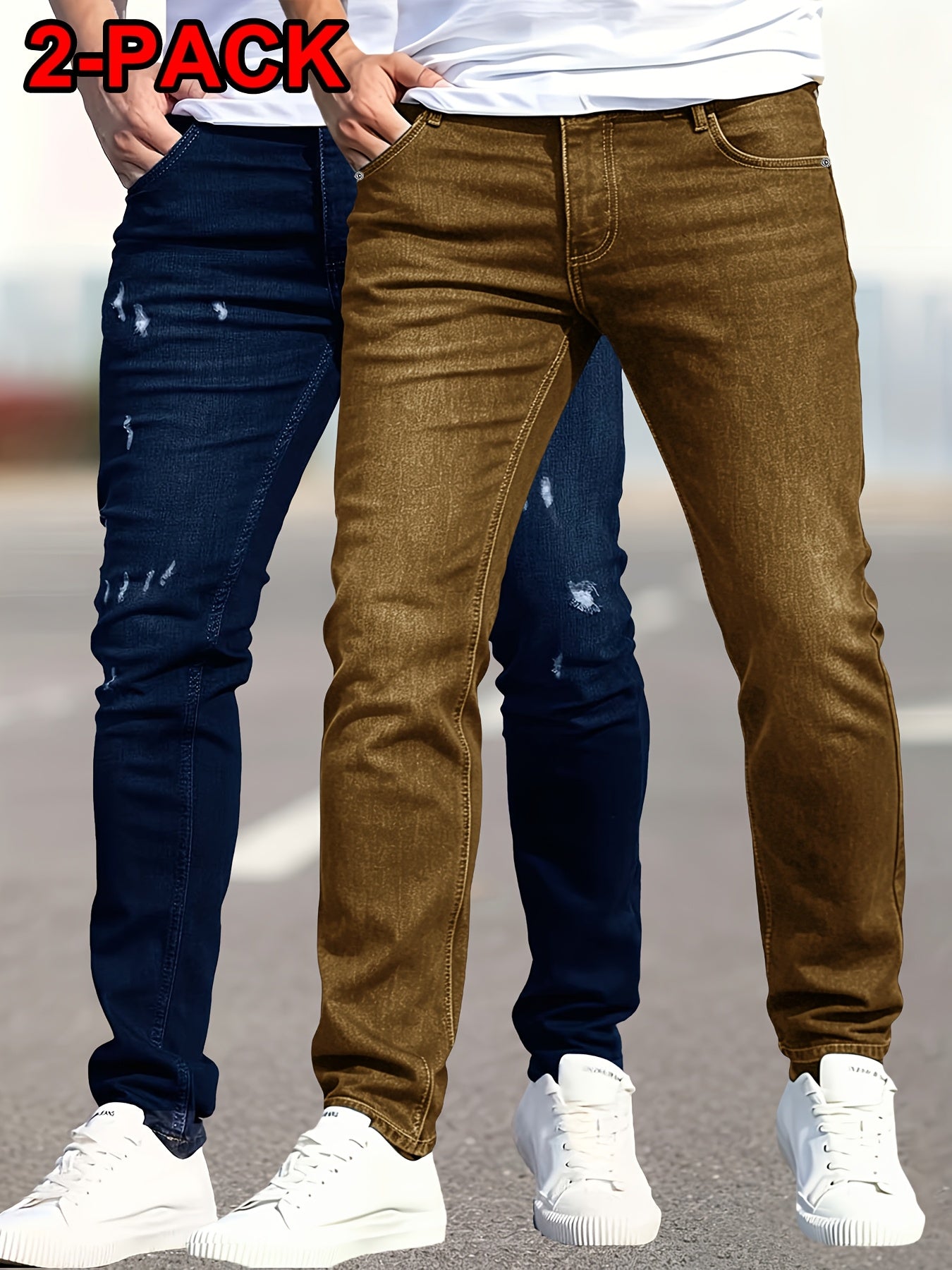2 pcs - Trendy Ripped Jeans for Men - Fashionable Street Style Stretch Jeans for Men - Suitable for All Seasons