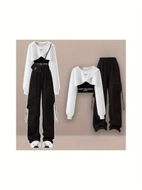White sweatshirt + black suspenders + black overalls