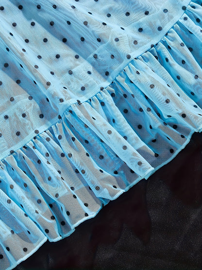 Plus Size Women's Blue Polka Dot Sheer Mesh Lingerie Dress Set, 2pcs Ruffled V-Neck Chemise Nightgown, Sexy Babydoll Sleepwear for Curvy Women