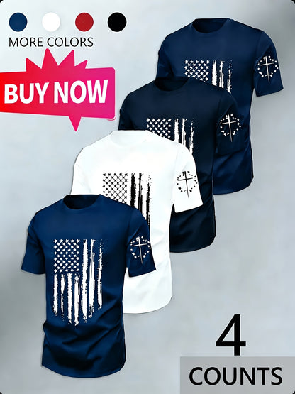 4pcs Set Of Men's Navy Striped Short-sleeve T-shirts: Round Neck, Geometric Pattern. Breathable And Quick-drying, Sweat-absorbent And Durable, Regular Fit. Classic Fashion Sportswear, Comfortable Basic Home/daily Wear/Novelty Pajamas novelty pajamas