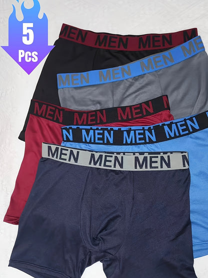 5pcs Men's Breathable Boxer Briefs - Solid Color with Elastic Waistband, Durable & Comfortable, All-Season Wear