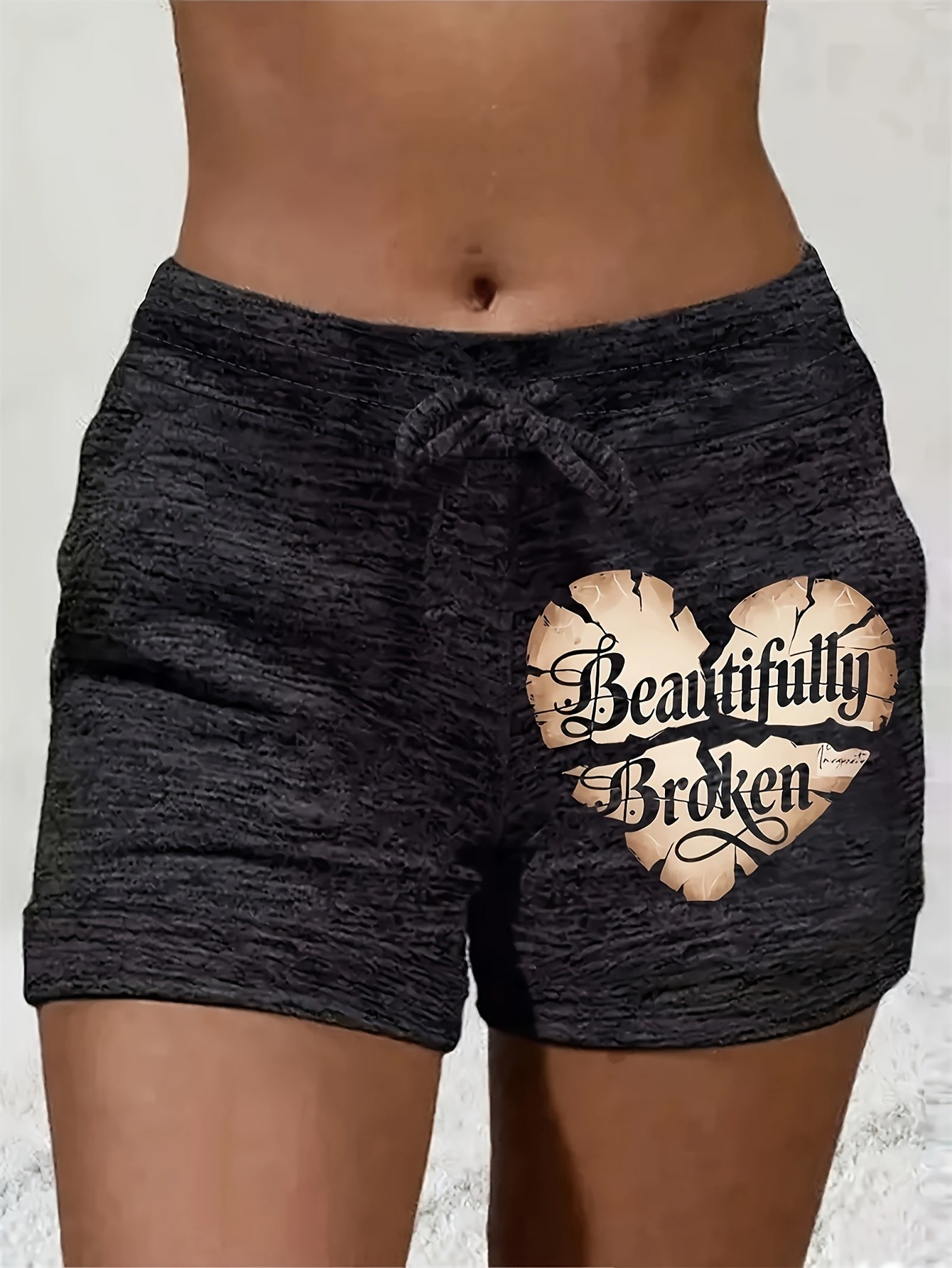 Women's Dark Gray & Light Gray Tropical Print Drawstring Shorts - Stretchy Waistband Lightweight Breathable Casual Shorts with "Beautifully Broken" Heart Cutout Design, Spring Summer Fall Daily Wear Lounge Shorts for Women, Machine Washable
