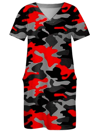 Womens Plus Size V Neck Dress with Pockets Red Black And Gray Camouflage Print Comfortable Breathable Fashion Casual Outfit Gift Womens Clothes