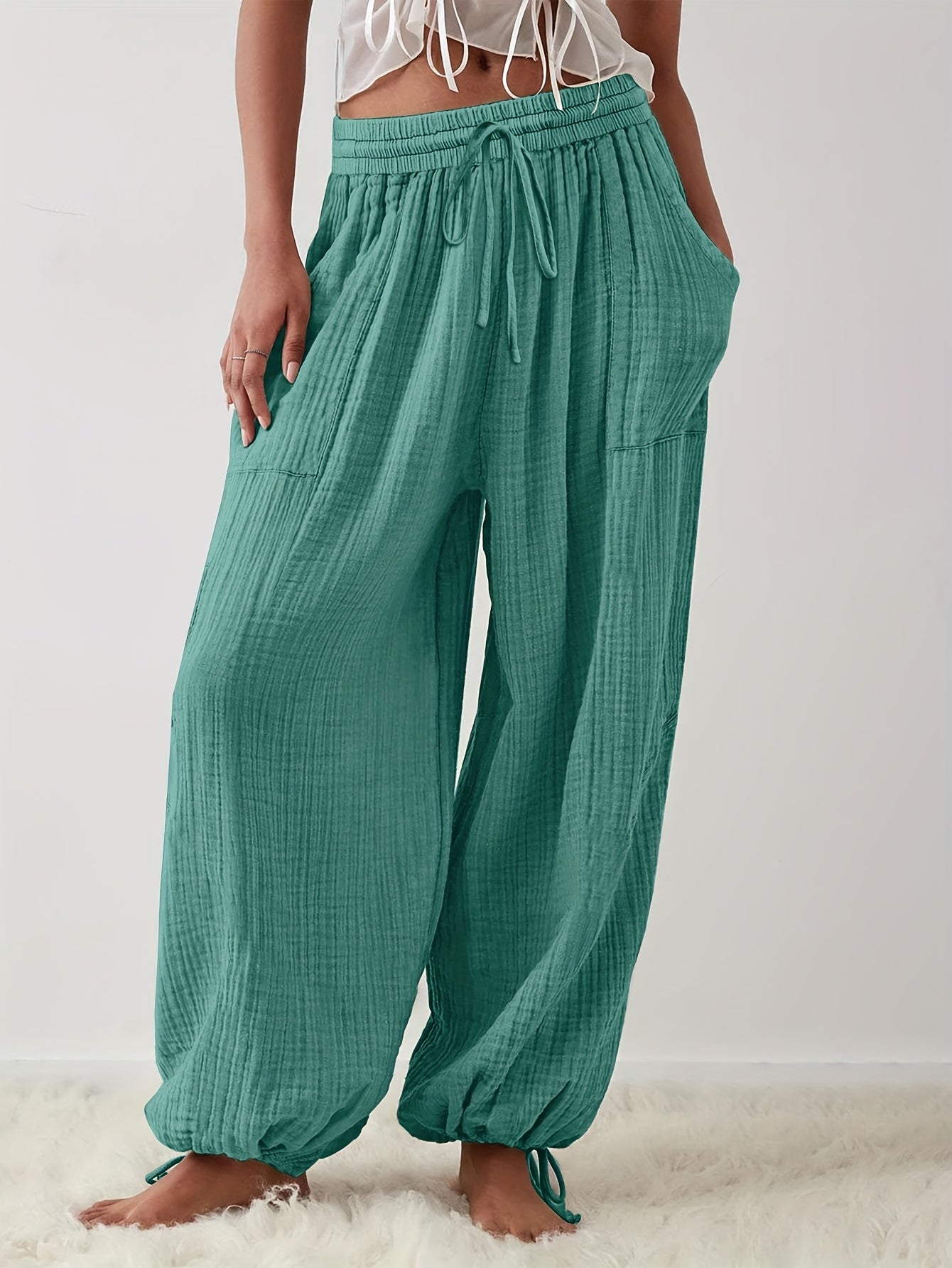 Spring And Summer Women's Casual Pants, Khaki, Pocket, Wide Leg, Tie, Loose, Daily Commuting Wide Leg Pants Womens Summer Clothes