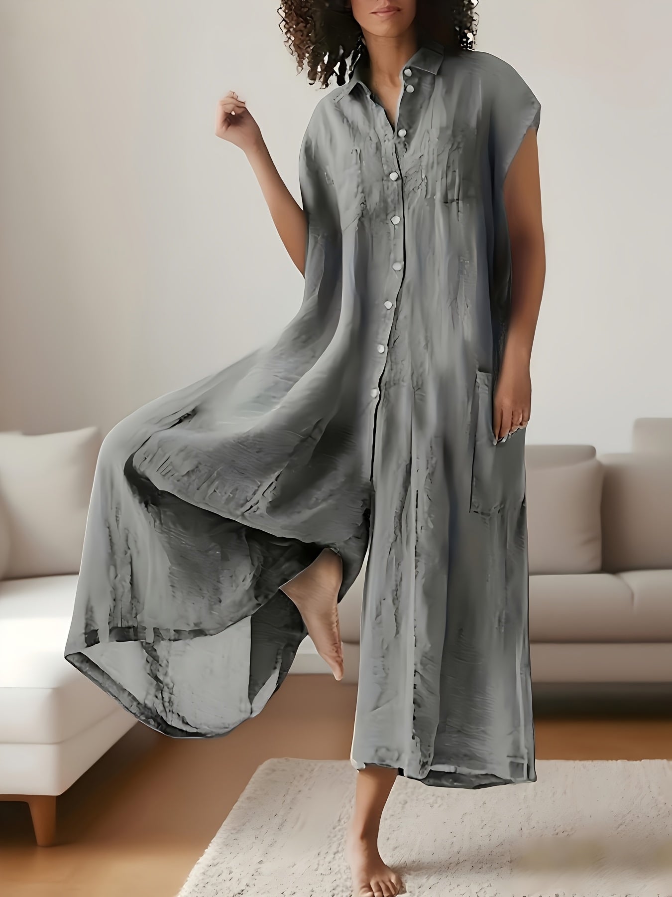 Women's Green V-Neck Pleated Jumpsuit - product view 6
