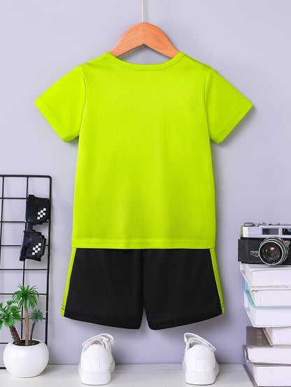 Boys Summer Casual Fashion Letter Sports Pattern Printed Mesh Quick-Drying Breathable Round Neck Short Sleeve T-Shirt and Shorts Casual Two-Piece Set, Lightweight Comfortable Breathable Trendy Versatile Clothing, Suitable Outdoor Sports