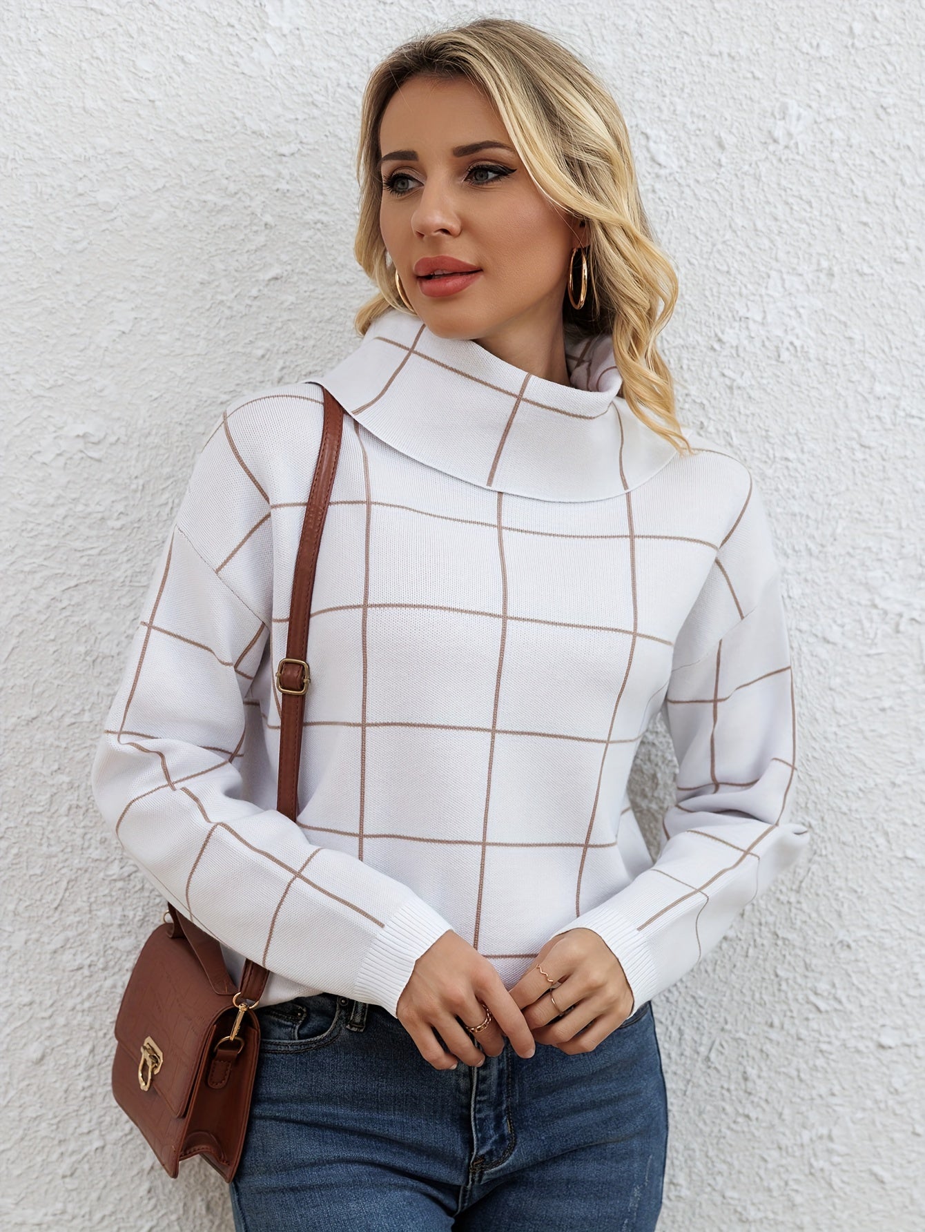 Women's grid jacquard high pile collar shoulder long sleeve loose comfortable fashion generous half long slit autumn and winter shirt
