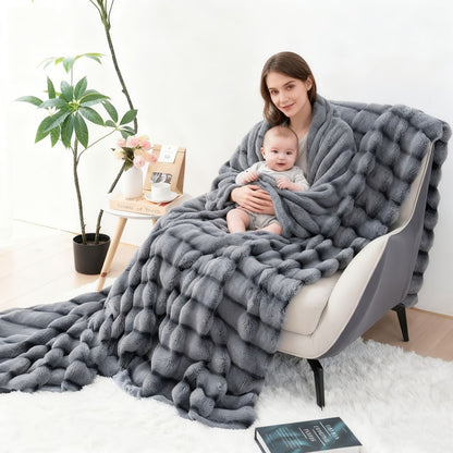 Faux Rabbit Fur Throw Blanket - Striped Double-Sided Flannel Back