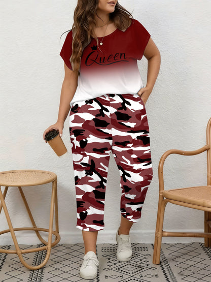 Plus Size, Spring/Summer Plus Size Women's 2pcs Set, Gradient Print And Queen Print, Round Neck Top with Capri Pants, Suitable for Home, Leis And Outings