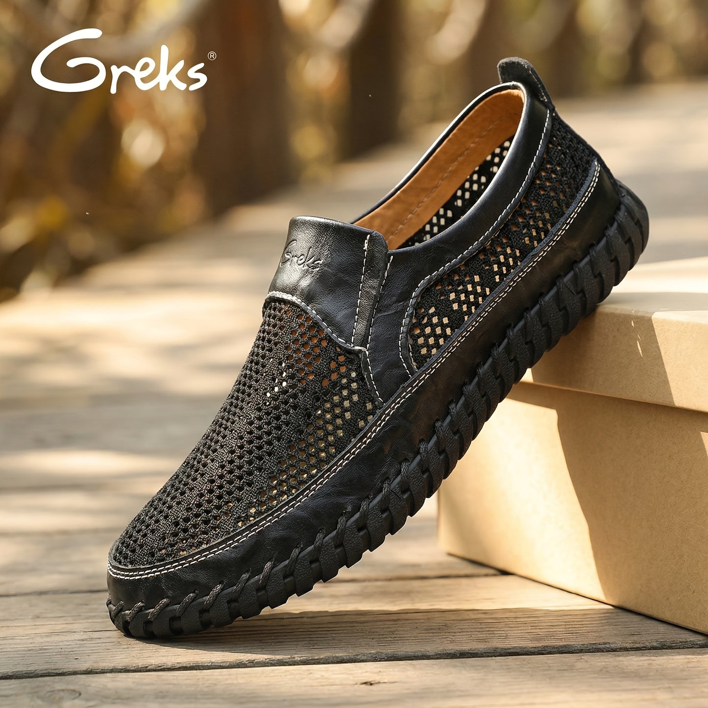 GREKS Men's Mesh Breathable Walking Loafers Outdoor Lightweight Slip-on Mesh Casual Shoes Stitching Honeycomb Hiking Shoes