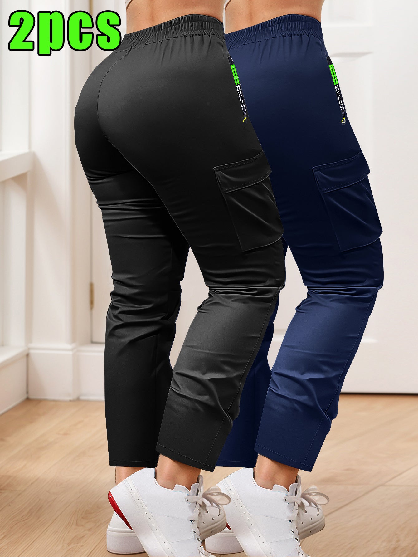 2-pack of Women'S Multi-pocket Slim Cargo Pants, Drawstring Zip Pocket Design, Straight Leg Casual Trousers, Suitable for Outdoor Sports, Everyday Wear, and Dates.