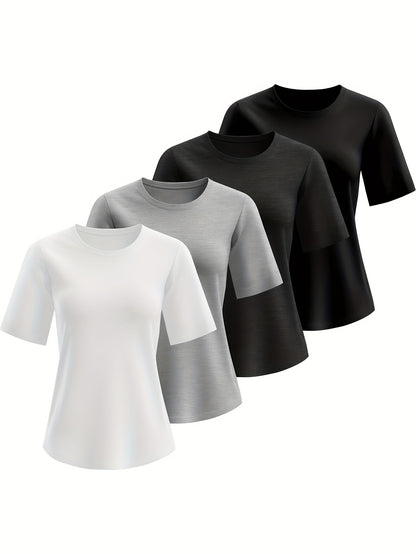 Set of 4 Women'S Casual T-Shirts, Solid Hue Crew Neck Short Sleeve Summer Tops, Soft And Cozy Basic Tees for Everyday Wear - Navy, White, Black, Red, Light Blue