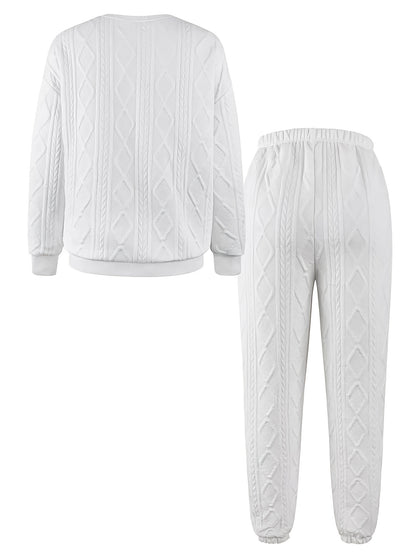Women'S Sweatshirt Ensemble for Autumn/Winter 2025 - Featuring a Solid Color, Cable Patchwork, Long Sleeve Crew Neck Top And Cuffed Pants in a Two-Piece Outfit, Including a Pullover And Sweater, Perfect for Christmas And Fall