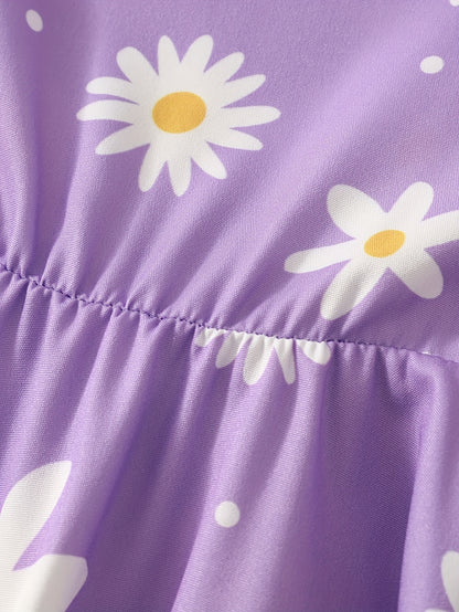 Summer Girls Flower Print Dress Children's Casual Dress Spring/Summer Popular Western Style Little Girl Fashion Versatile Casual Print Full Print Dress (including Hat)