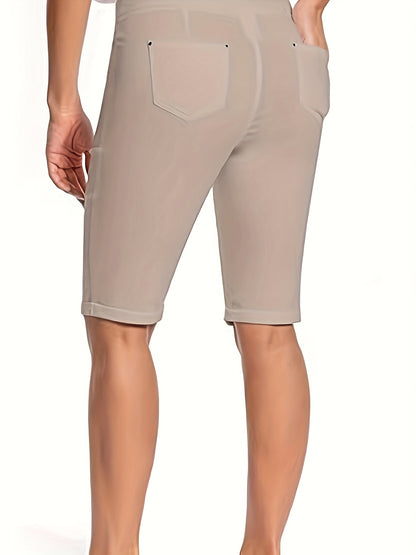 Women's Stretchy Pull On Bermuda Shorts High Waist Office to Vacation Pants, Non See Through Fabric, Machine Washable with 5 Pockets & Cuffed Hem for Everyday, Formal Events Elegant Casual All Season Shorts