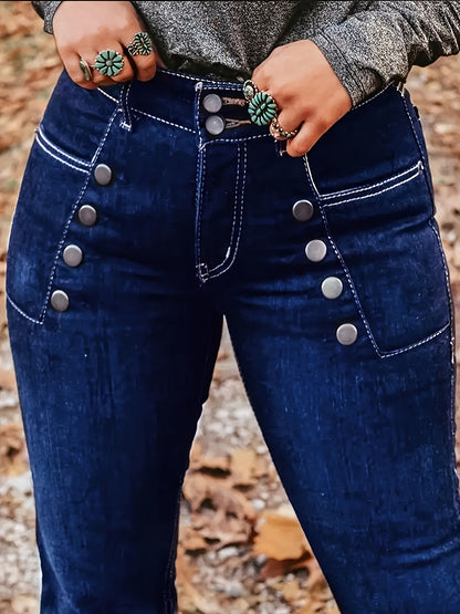 [Comfort Fit Denim Pants] Dark Blue Comfort Fit Women's Mid-High Waist Stretchable Flared Denim Pants, Buttoned Detail - Casual to Semi-Formal Wear, Casual Denim Wear|Flared Jeans|Comfortable Fit