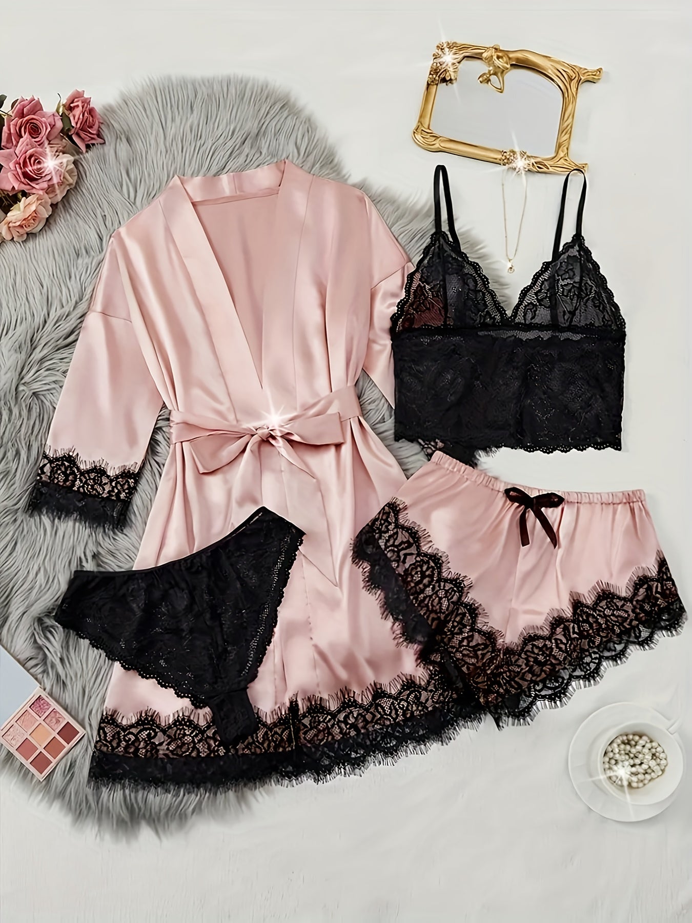Women's Satin Fabric Pajama Set, Floral Lace Camisole Sleepwear and Robe 4pcs Set, Sexy Plus Size Nightwear with Pants and Belt, Loungewear