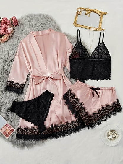 Women's Satin Fabric Pajama Set, Floral Lace Camisole Sleepwear and Robe 4pcs Set, Sexy Plus Size Nightwear with Pants and Belt, Loungewear