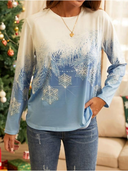 Christmas Clothes For Women Snowflake Printed Round Neck T-shirt, Spring And Autumn Casual Long Sleeve Top, Women Clothing