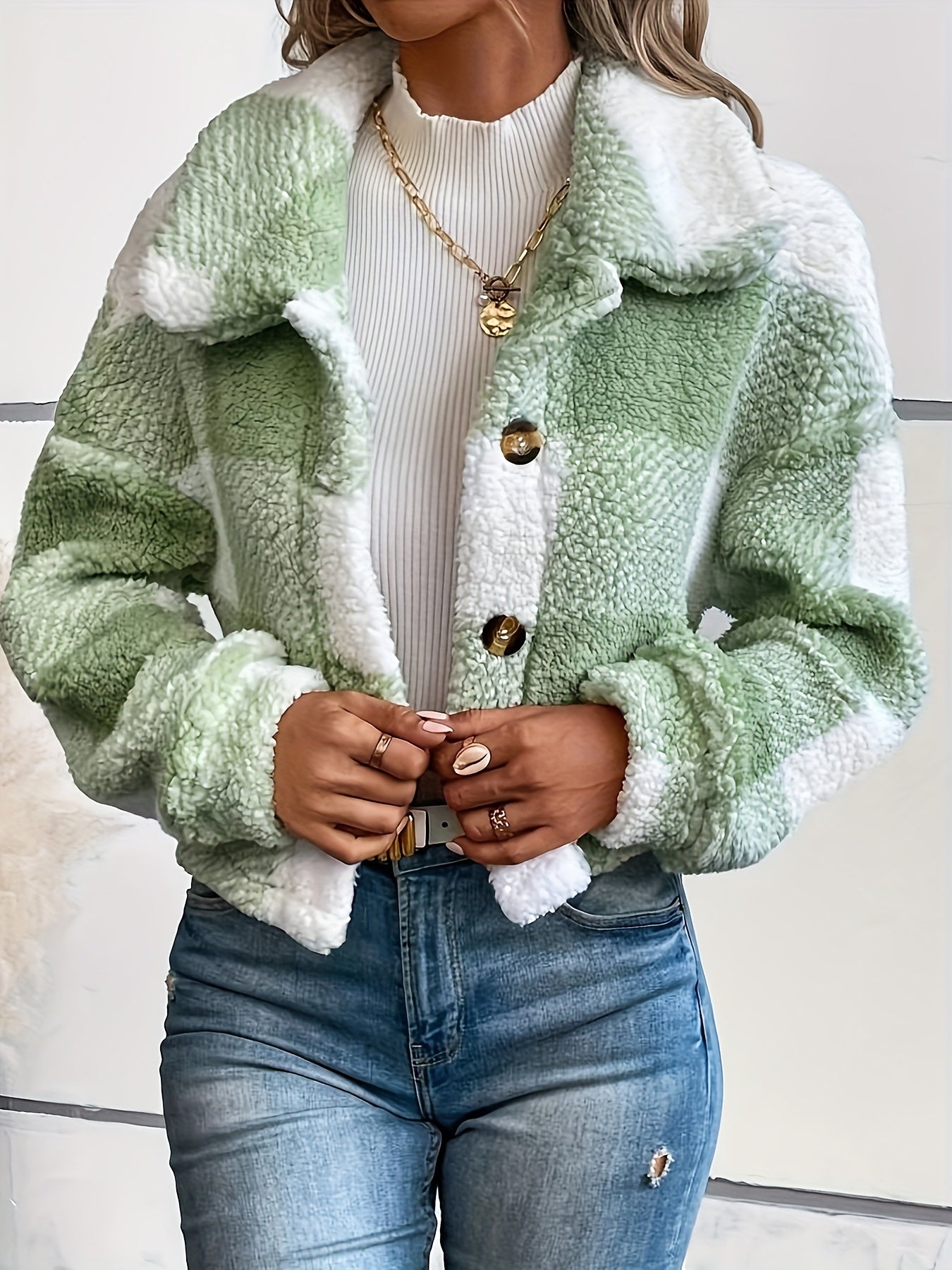 Autumn And Winter Orientation, Fashion Color Checkered Lamb Coat