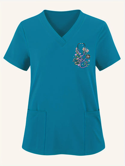 Women'S Elegant Floral Stethoscope Print V-Neck Scrub Top, Polyester Knit Fabric with Medium Stretch, Short Sleeve Nurse Uniform with Pockets, All-Season Loose Fit Pullovers