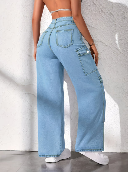 Color Denim Popular Trend Light Blue Plus Size Multi-pocket Cargo Jeans, 2026 New High-waisted Loose Baita Women'S Straight-leg Trousers