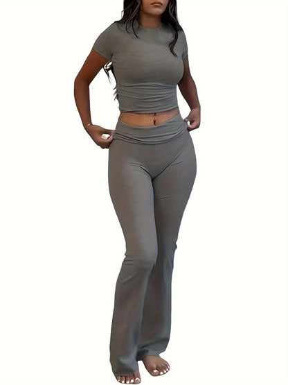 Casual Solid Color Slim Two-piece Pants Set, Short Sleeve Crew Neck T-shirt & Skinny Flared Leg Pants Outfits, Women'S Clothing