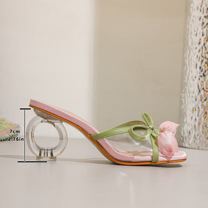 Elegant Ladies' Transparent High-heeled Sandals with Pink Floral Tulip Decoration | Slip-on, Open Toe, Strappy Back, Contoured Heel, Rubber Sole, Upper and Insole