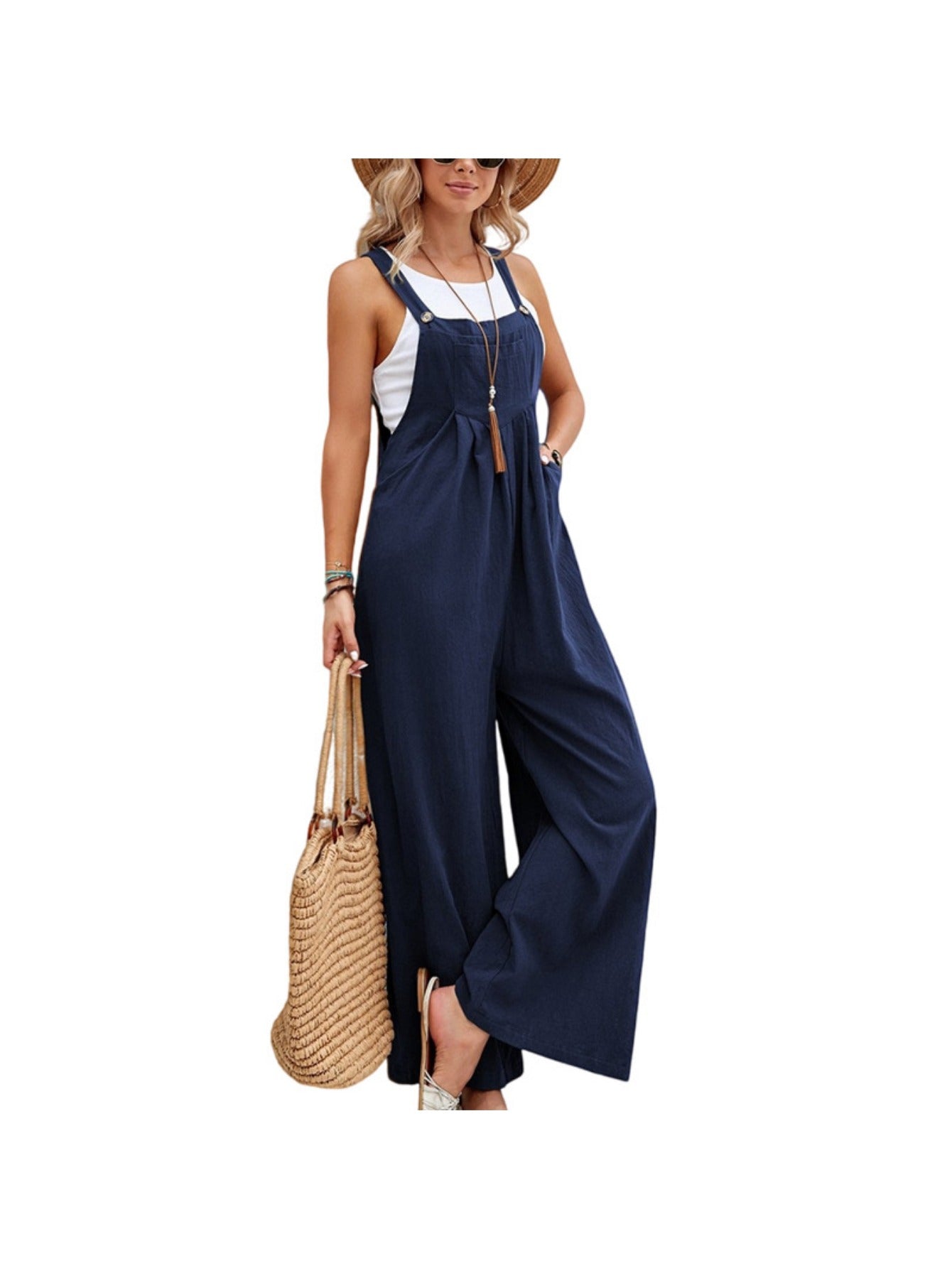 Retro Style Women'S Jumpsuit with Wide Legs, Mid-Rise Solid Color Overalls for Casual Daily Wear, Effortless Boho Chic One-Piece Pants