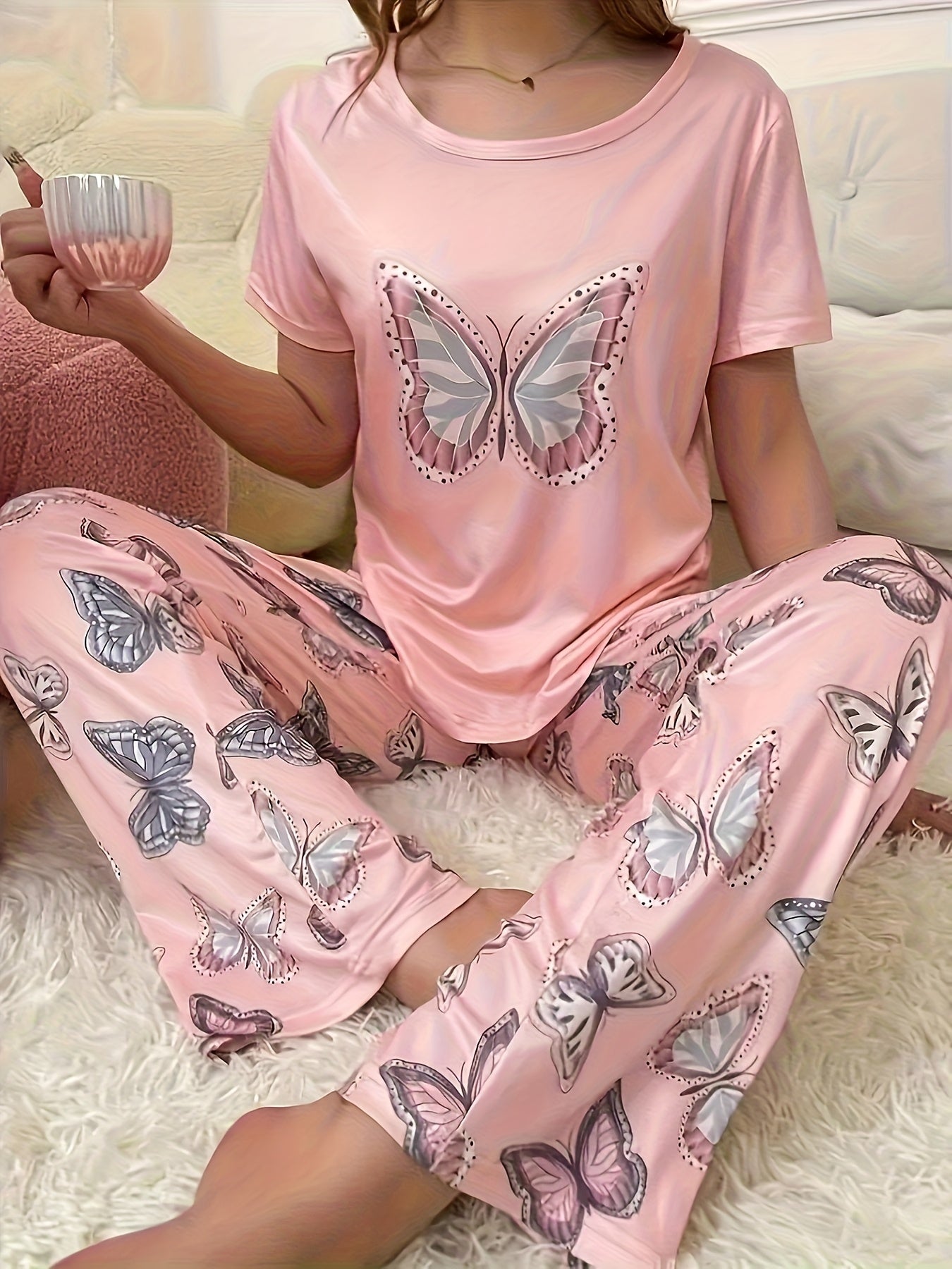 2pcs Women'S Pajama Set With Butterfly Pattern Top And Pants