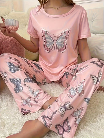 2pcs Women'S Pajama Set With Butterfly Pattern Top And Pants