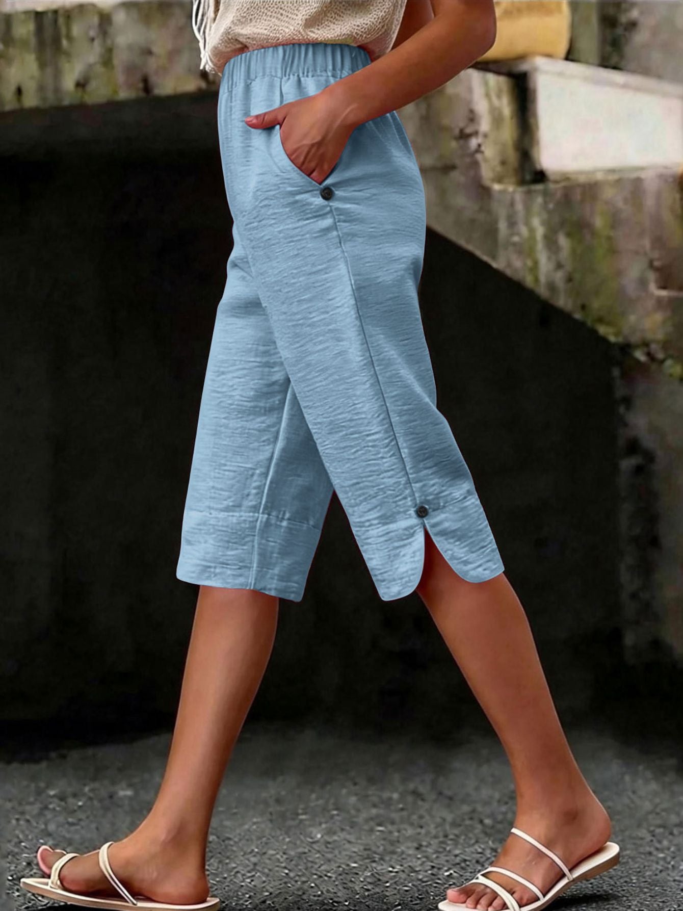ZOELNIC Women'S Elastic Waist Wide-Leg Capri Pants with Decorative Button Detail - Side Pockets Relaxed Fit Casual Summer Beach Trousers