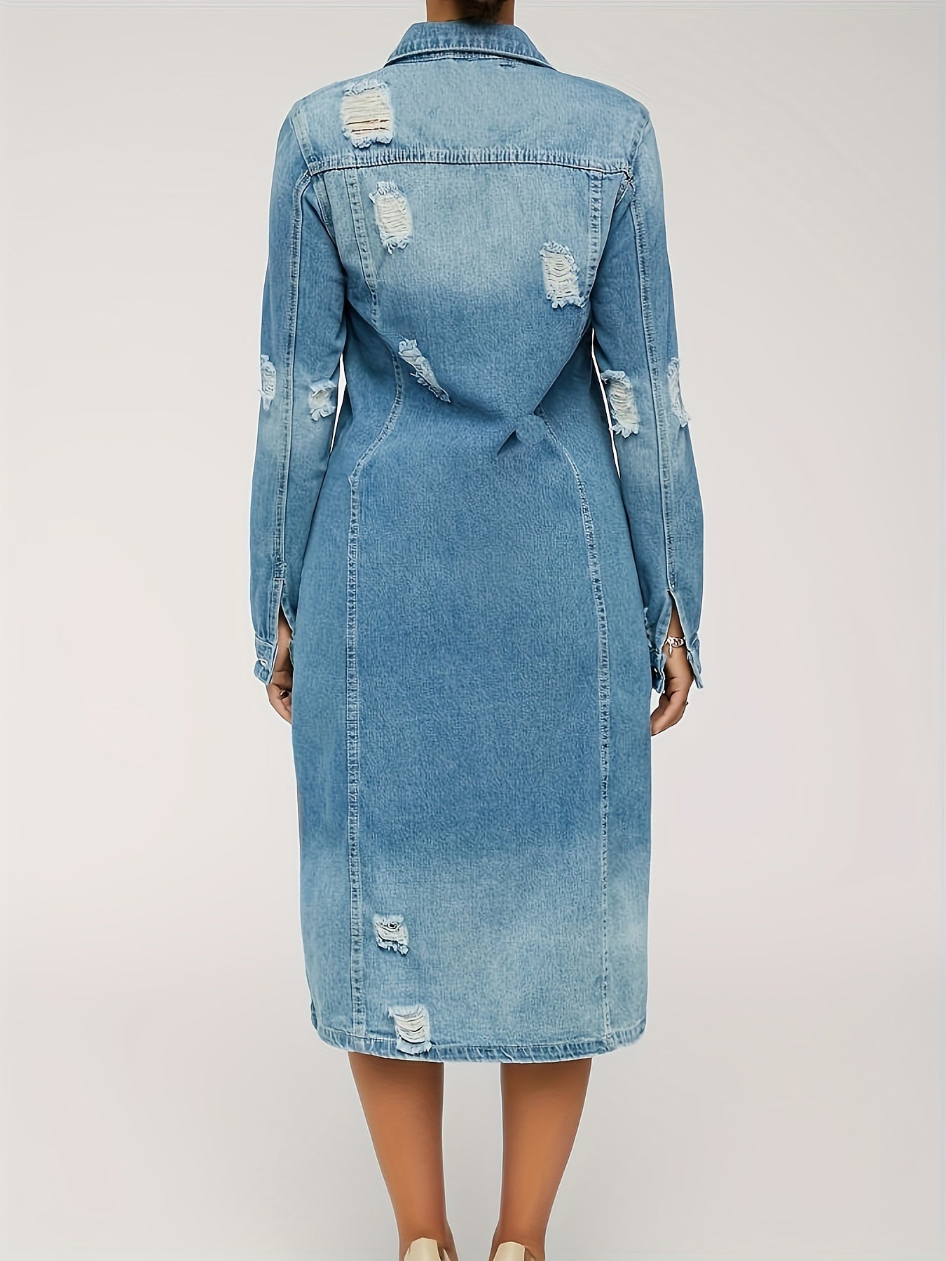 Long Denim Jacket With Worn Holes, Long Denim Trench Coat For Women