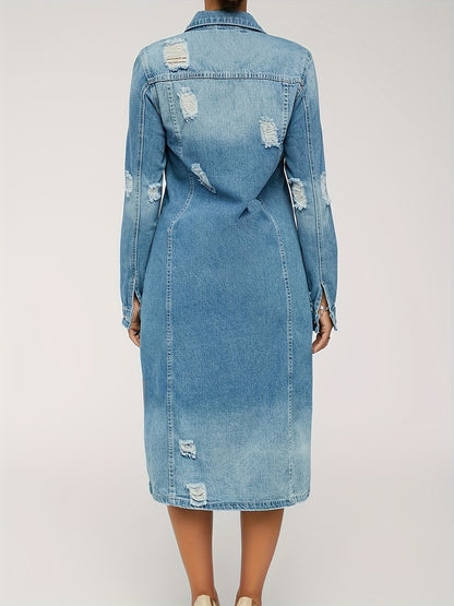Long Denim Jacket With Worn Holes, Long Denim Trench Coat For Women